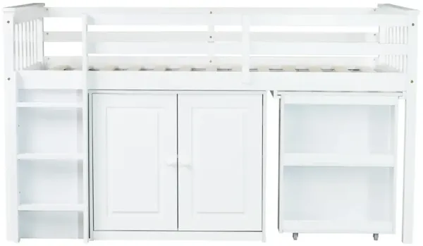 Whisen Twin Loft Bed with Drawers, Built-in Cabinet and Pulling-Out Desk, Rubber Wood Loft Bed with Safety Guardrail and Ladder - Gray