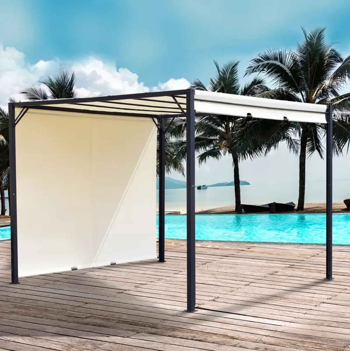 10' x 10' Outdoor Retractable Pergola Canopy Steel Gazebo Sun Shade, Cream