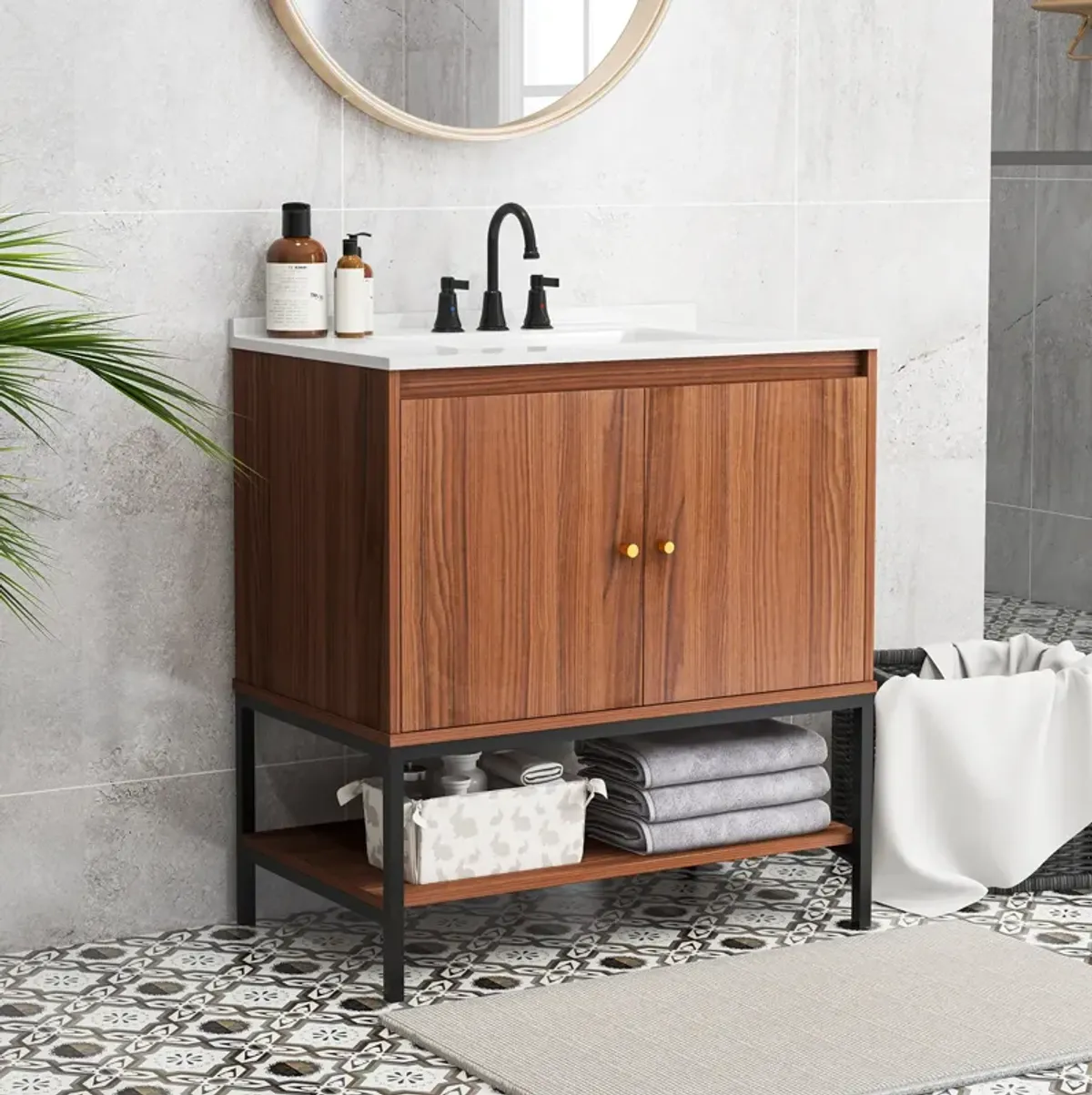 Bathroom Vanity Sink Combo with Doors and Open Shelf