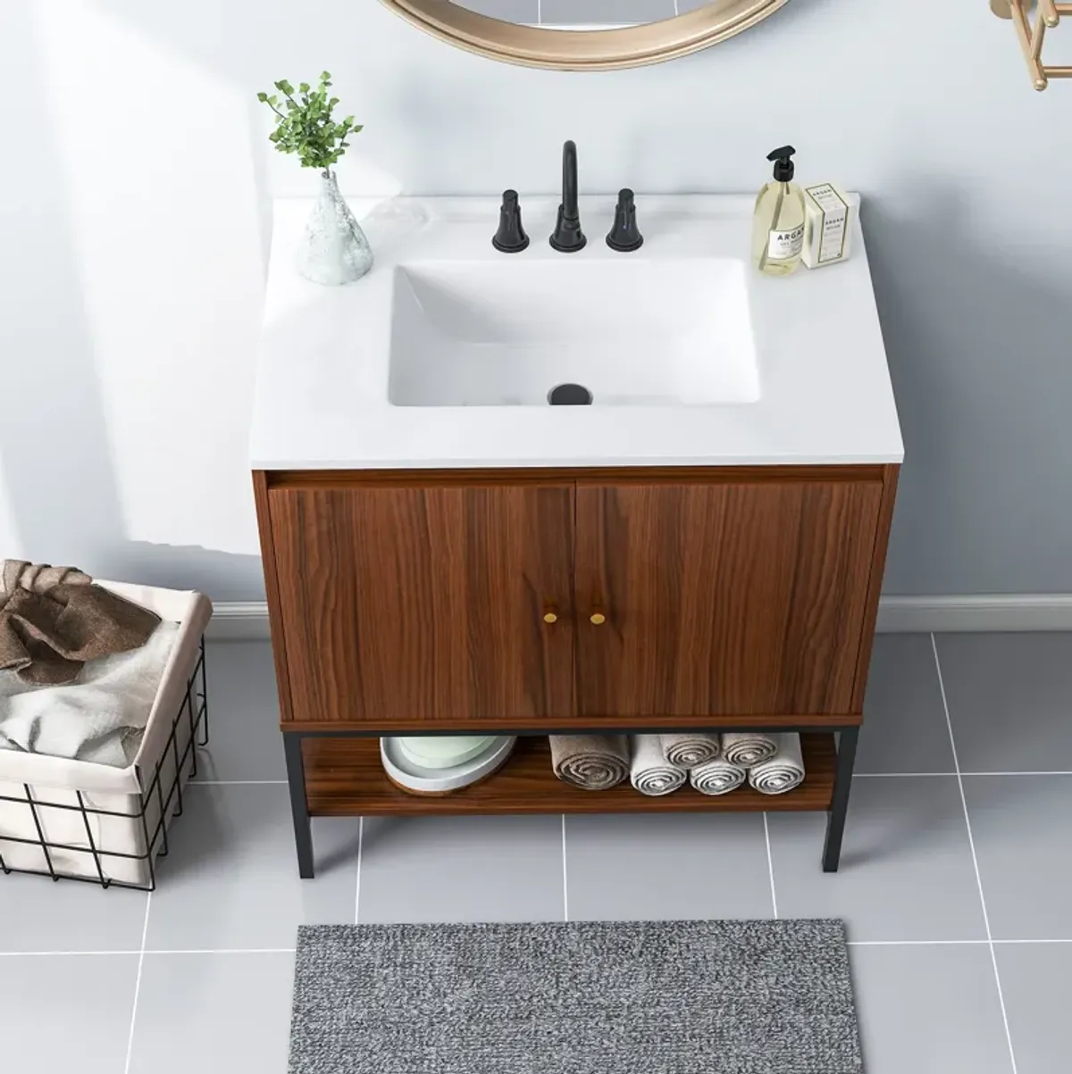 Bathroom Vanity Sink Combo with Doors and Open Shelf