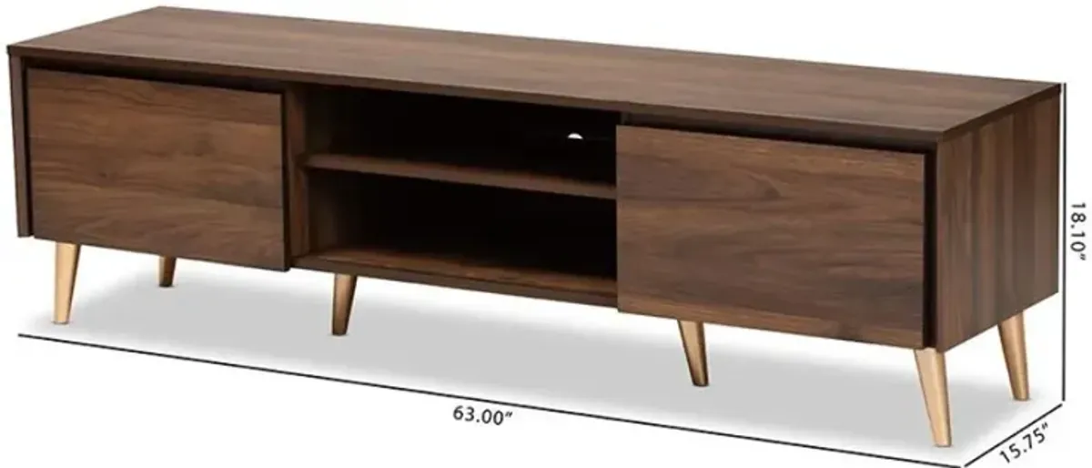 Landen Mid-Century Modern Walnut Brown and Gold Finished Wood TV Stand