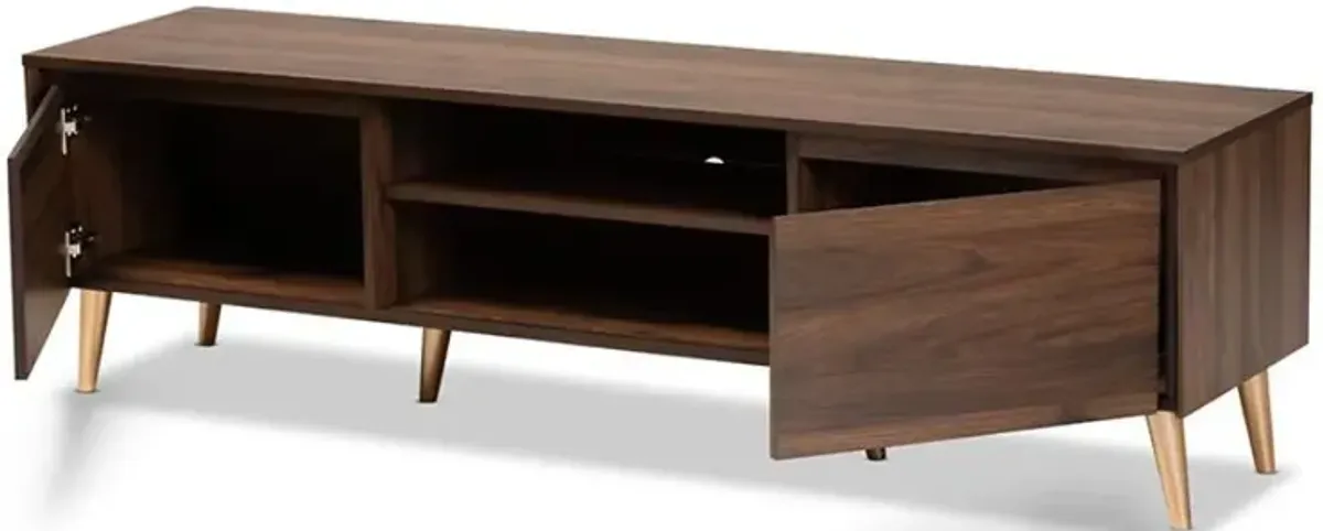 Landen Mid-Century Modern Walnut Brown and Gold Finished Wood TV Stand