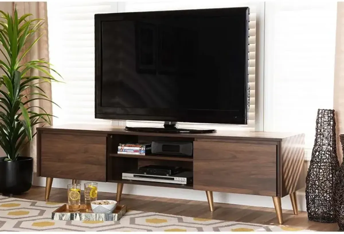 Landen Mid-Century Modern Walnut Brown and Gold Finished Wood TV Stand