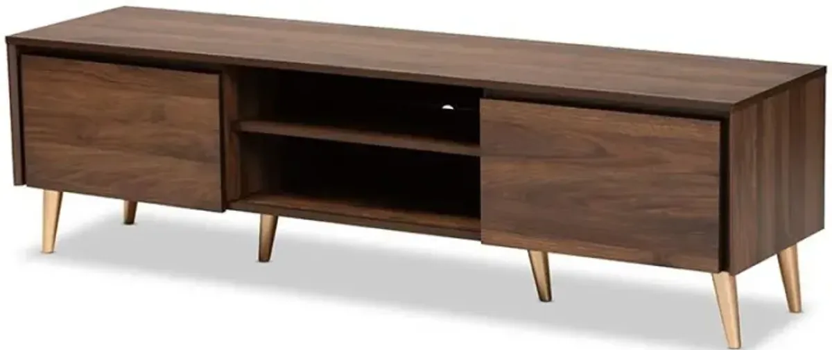 Landen Mid-Century Modern Walnut Brown and Gold Finished Wood TV Stand