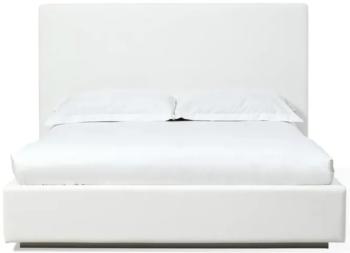 Uma California King Bed, Canvas Upholstered, Tall Panel Headboard, Cream - Benzara