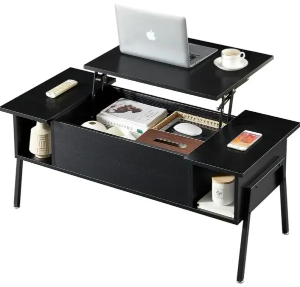 Hivvago Modern Lift-Top Coffee Table Laptop Desk with Storage Shelf in Black Wood Finish