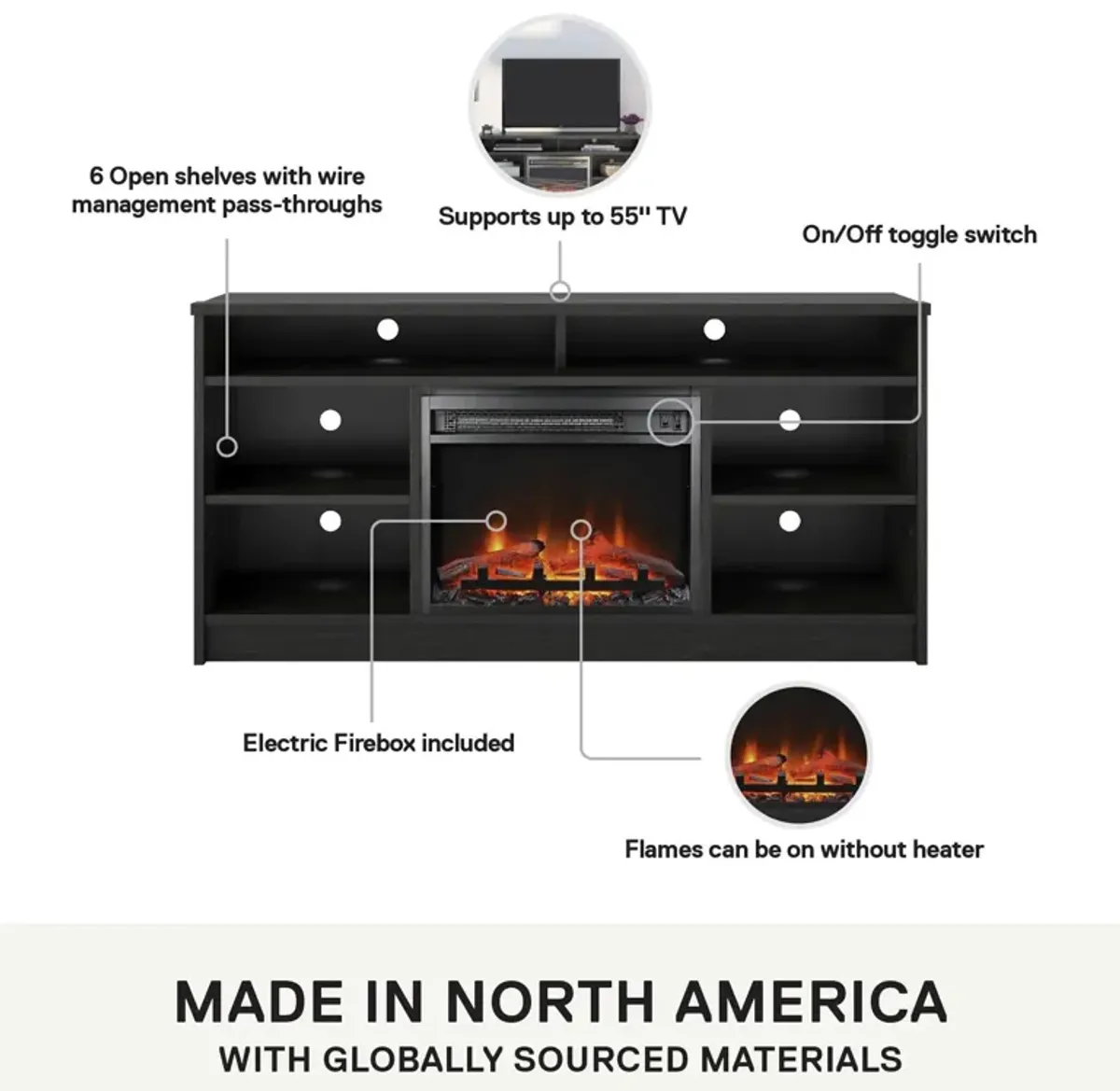 REALROOMS Hickory Hill 55" TV Stand with Electric Fireplace Space Heater and 6 Shelves