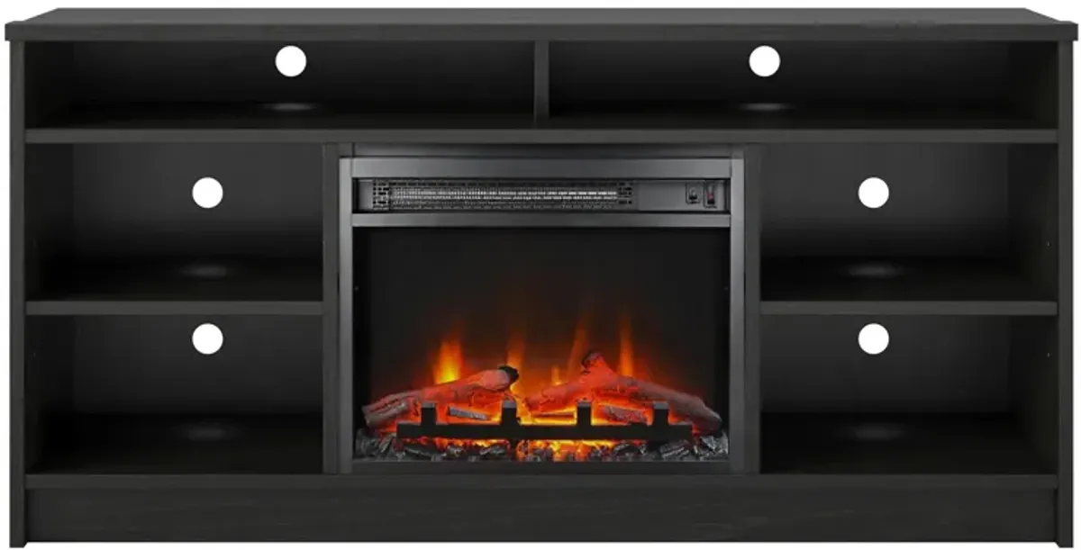 REALROOMS Hickory Hill 55" TV Stand with Electric Fireplace Space Heater and 6 Shelves