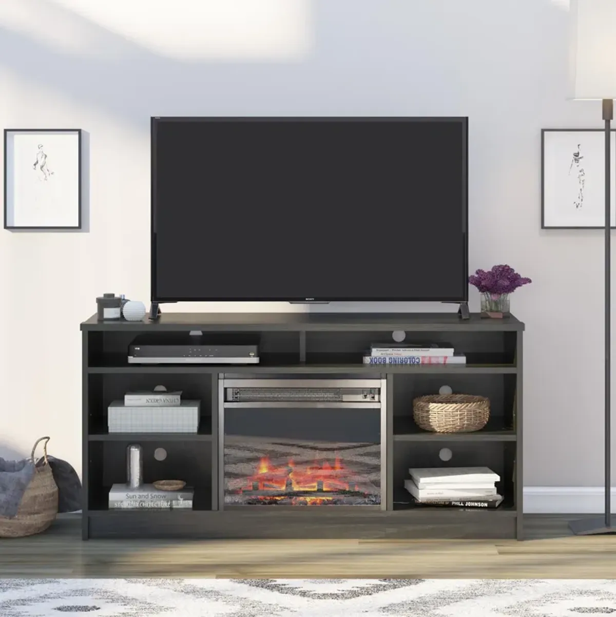 REALROOMS Hickory Hill 55" TV Stand with Electric Fireplace Space Heater and 6 Shelves