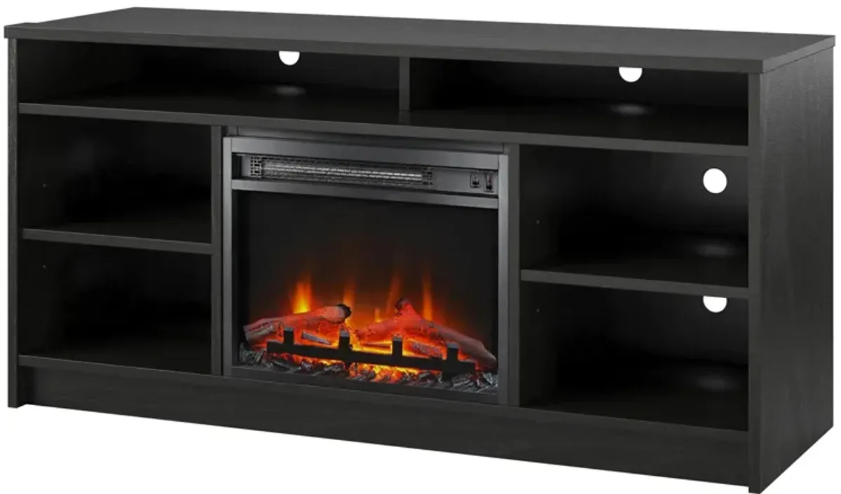 REALROOMS Hickory Hill 55" TV Stand with Electric Fireplace Space Heater and 6 Shelves