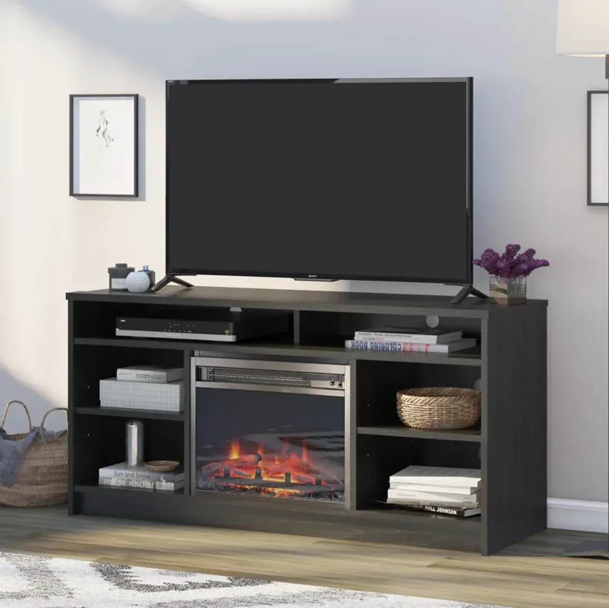 REALROOMS Hickory Hill 55" TV Stand with Electric Fireplace Space Heater and 6 Shelves