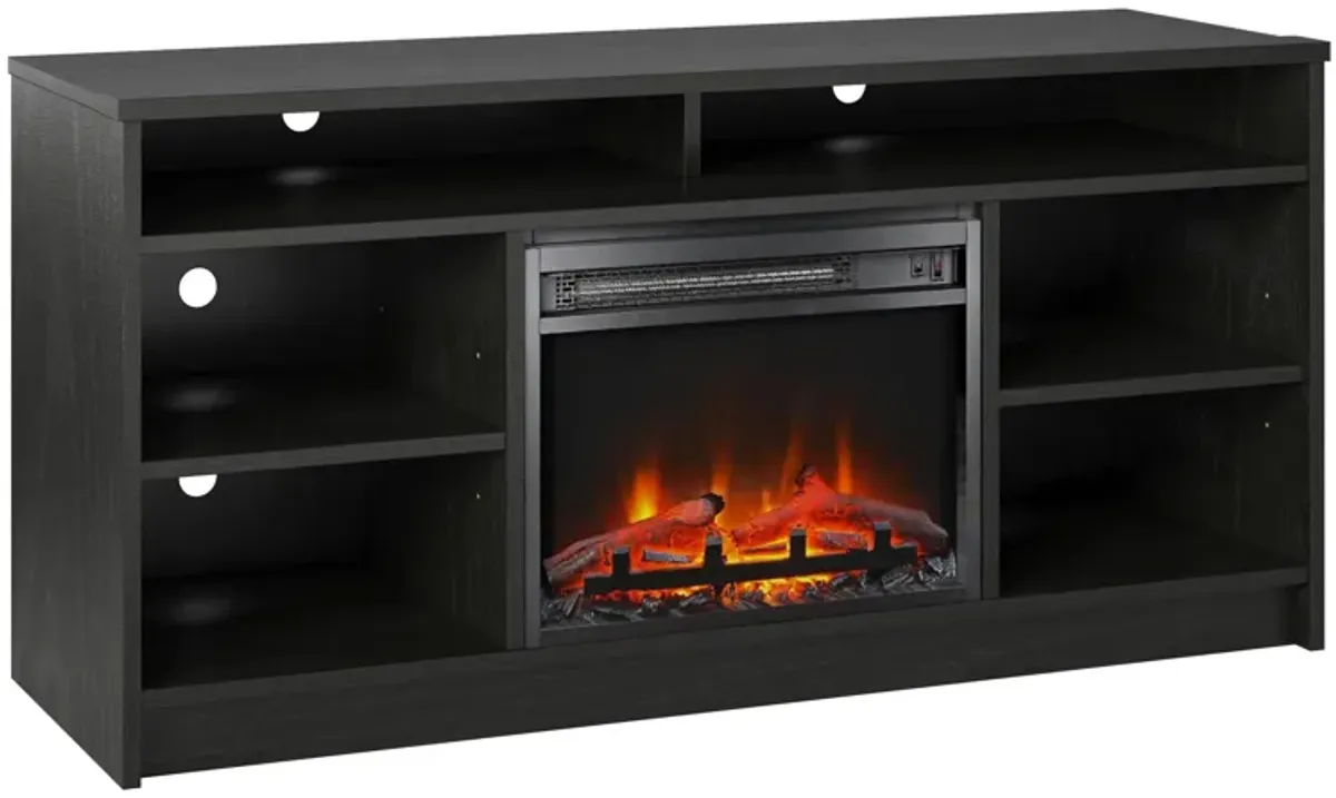 REALROOMS Hickory Hill 55" TV Stand with Electric Fireplace Space Heater and 6 Shelves