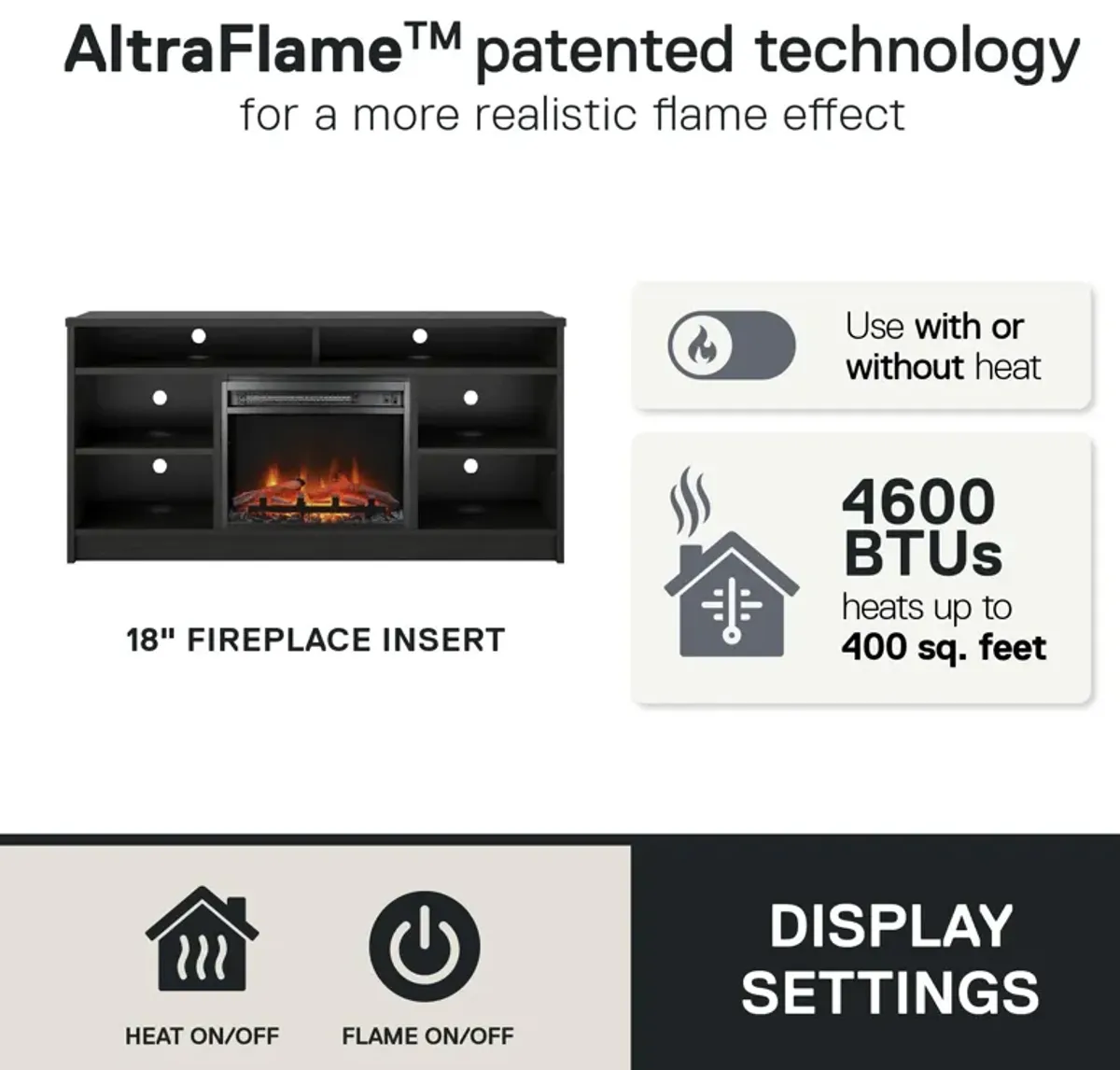 REALROOMS Hickory Hill 55" TV Stand with Electric Fireplace Space Heater and 6 Shelves
