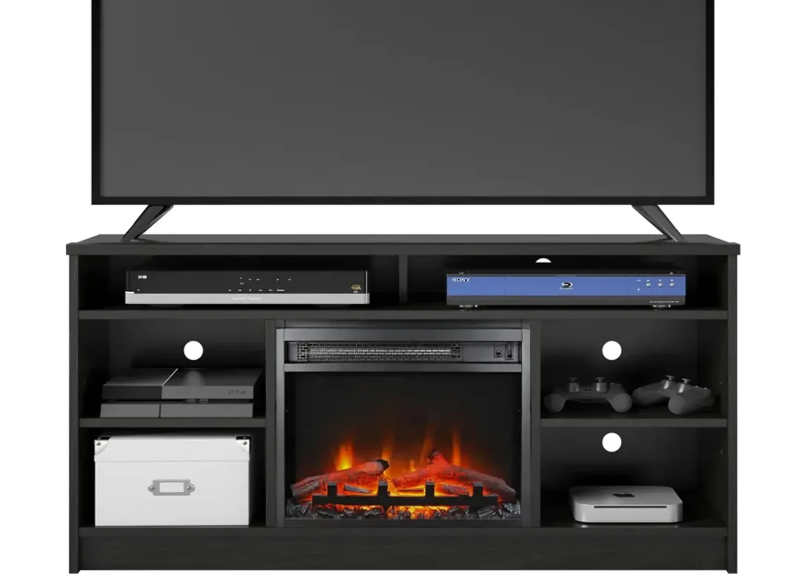 REALROOMS Hickory Hill 55" TV Stand with Electric Fireplace Space Heater and 6 Shelves