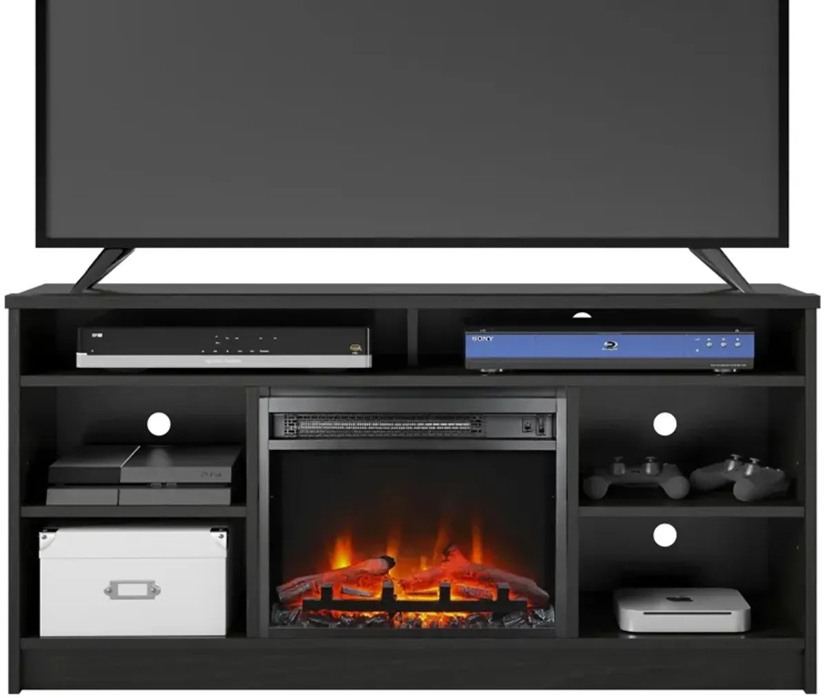 REALROOMS Hickory Hill 55" TV Stand with Electric Fireplace Space Heater and 6 Shelves