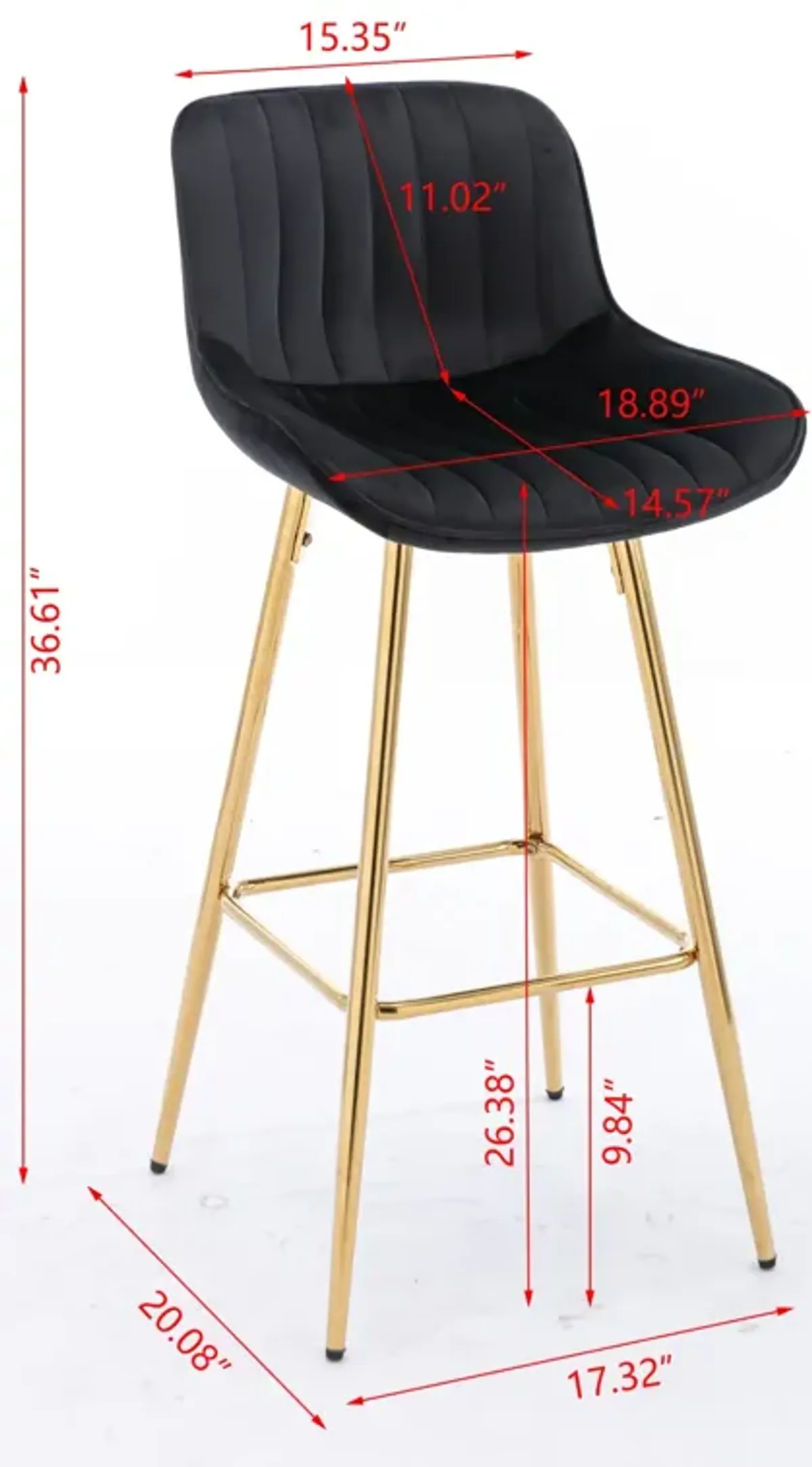 Set of 2 Bar Stools, with Chrome Footrest Velvet Fabric Counter Stool Golden Leg Simple Bar Stool