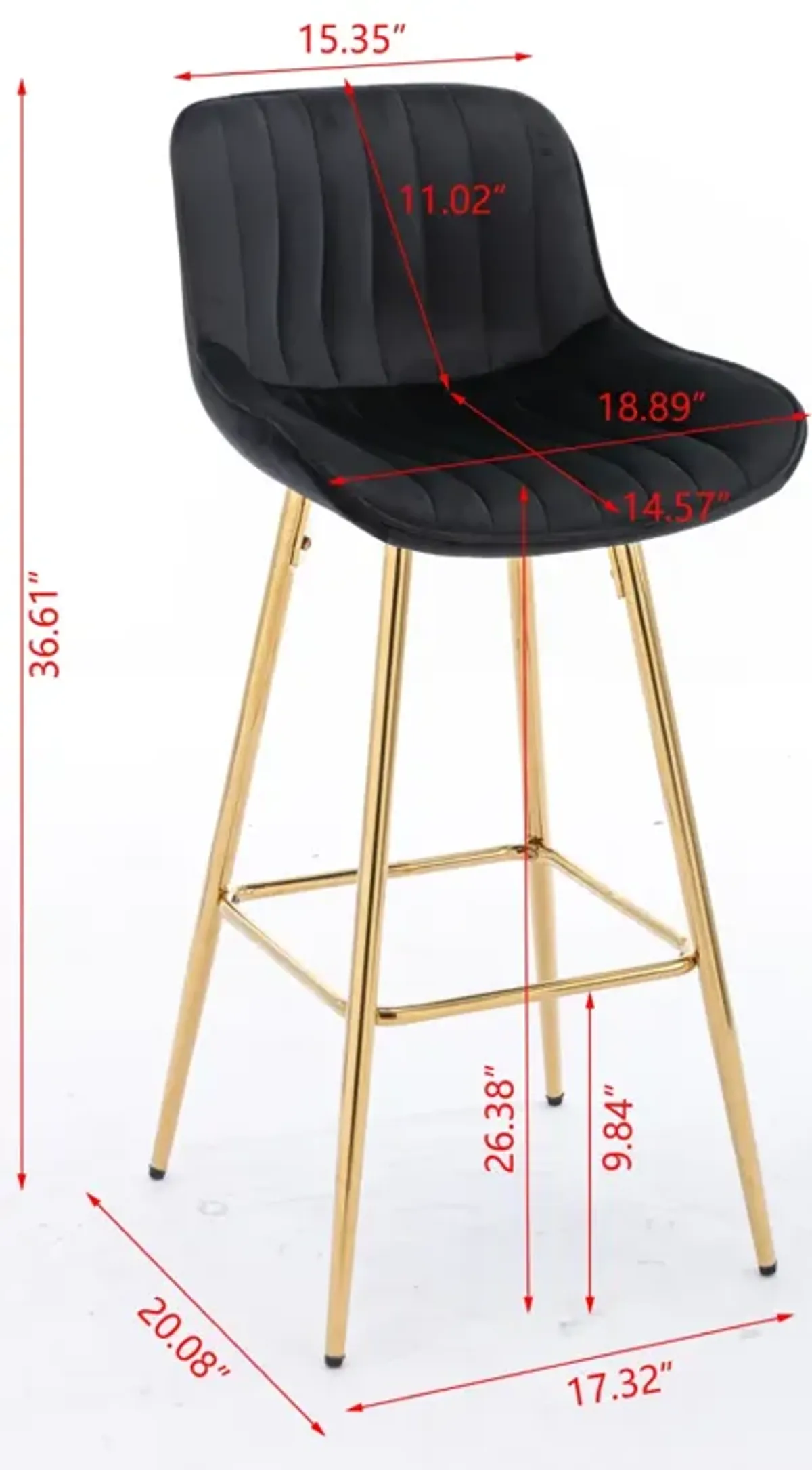 Set of 2 Bar Stools, with Chrome Footrest Velvet Fabric Counter Stool Golden Leg Simple Bar Stool