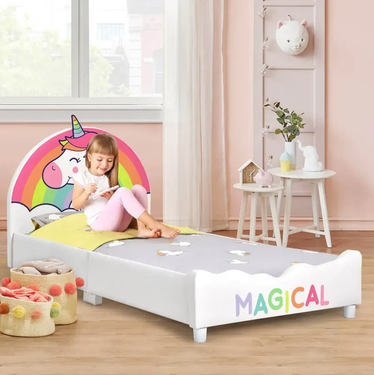 Children Twin Size Upholstered  Platform Single Bed