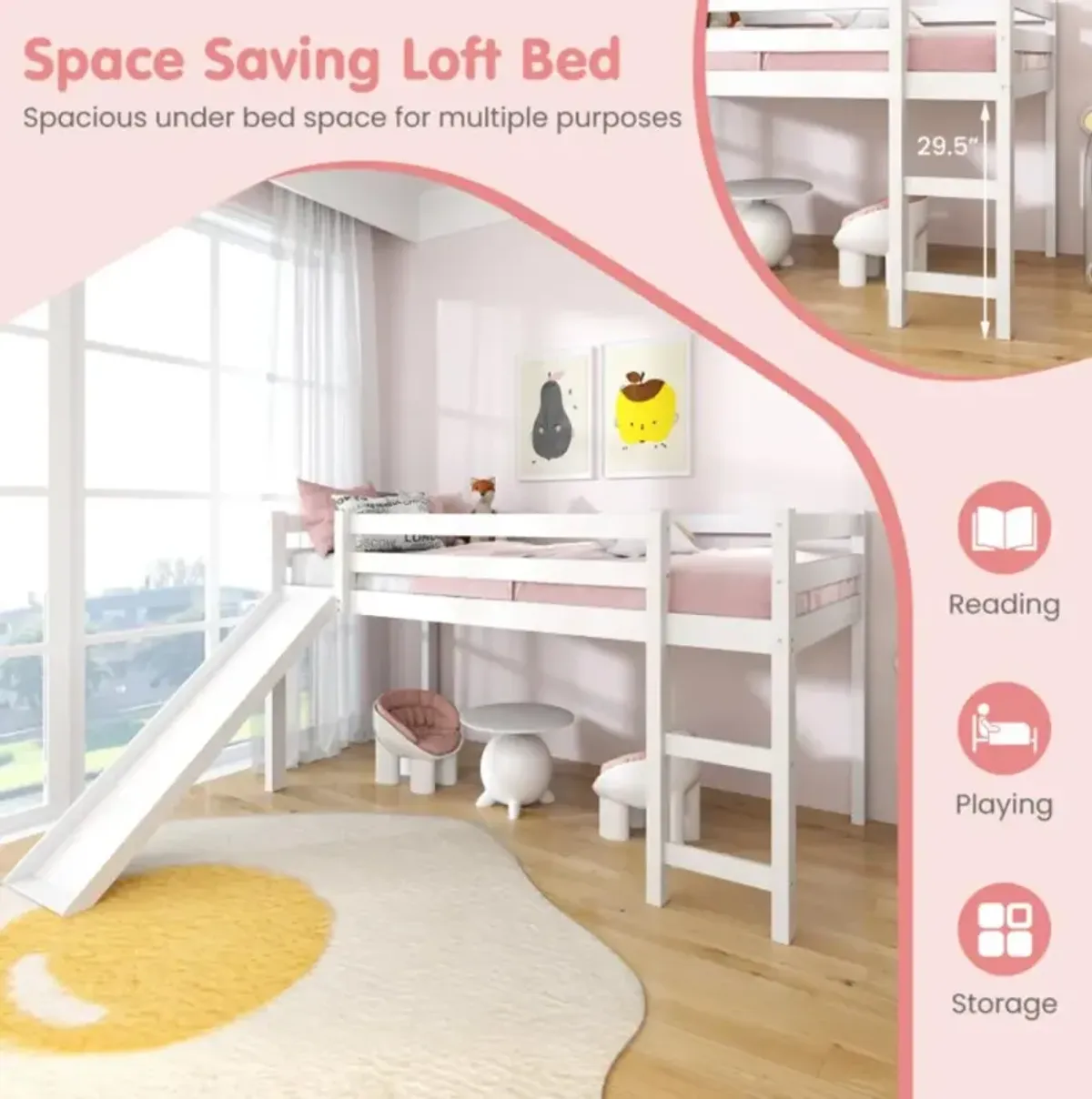 Hivvago Twin Size Low Sturdy Loft Bed with Slide Wood