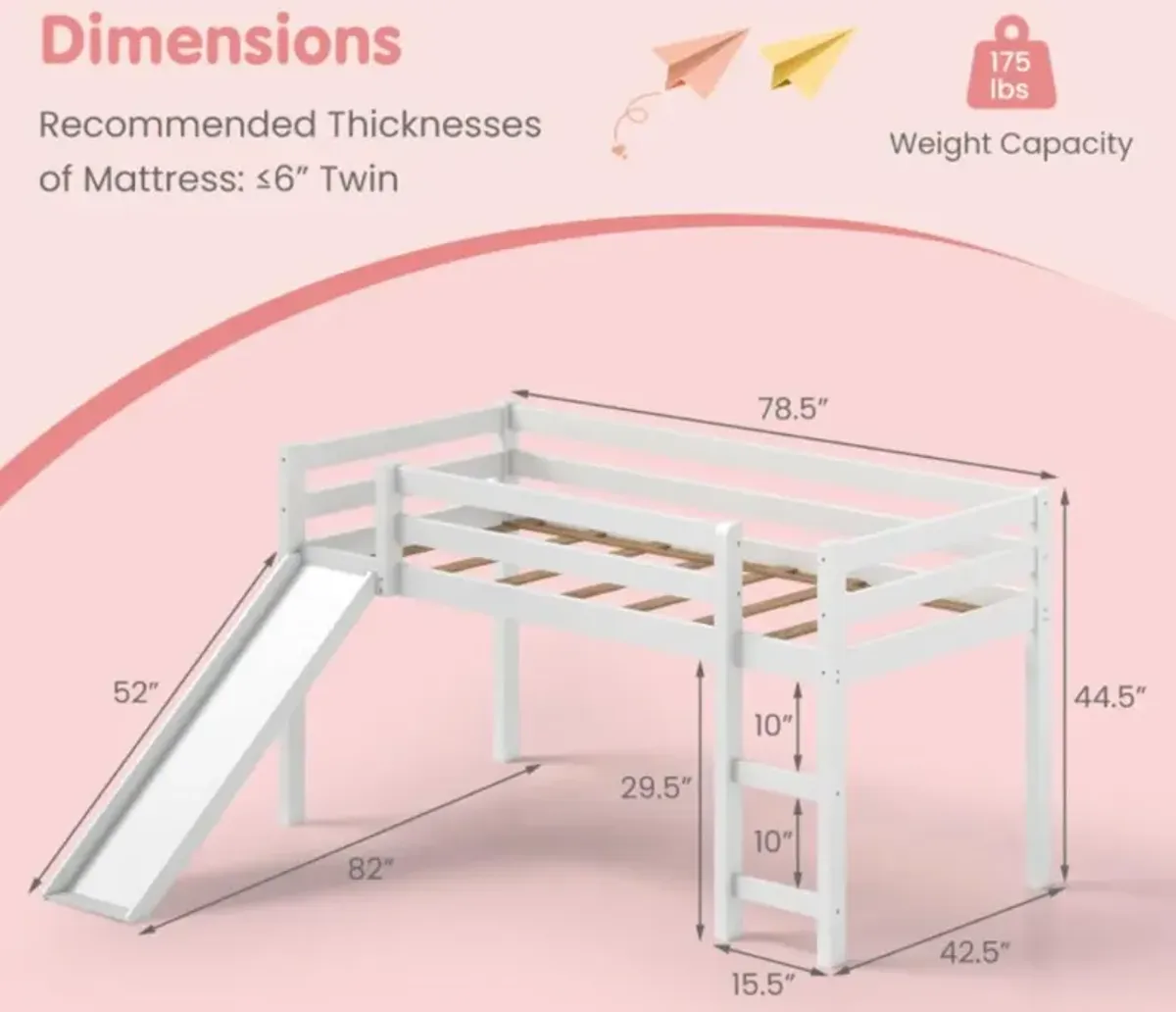 Hivvago Twin Size Low Sturdy Loft Bed with Slide Wood