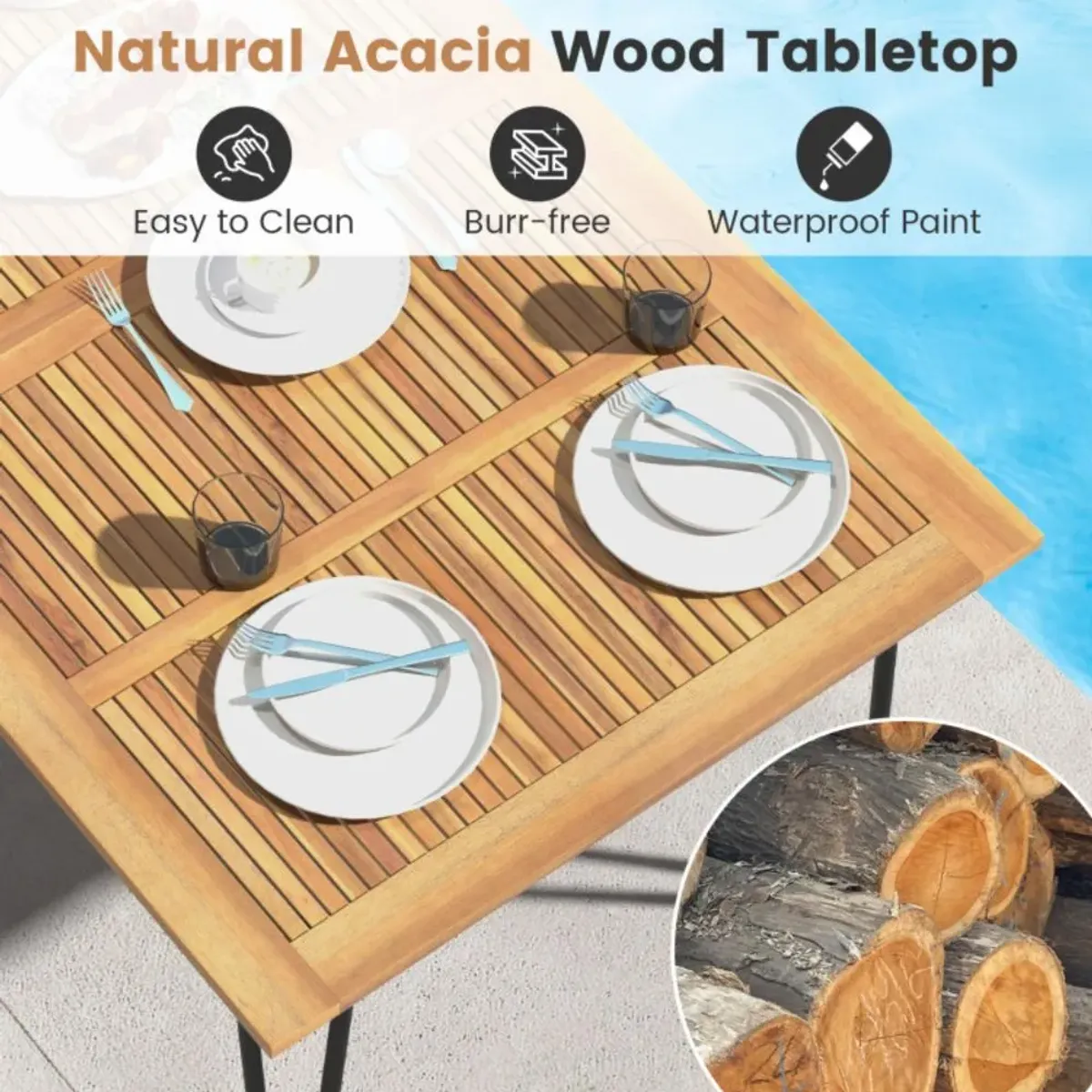 Hivvago 63/86.5 Inch Rectangular Outdoor Dining Table with Acacia Wood Tabletop and Umbrella Hole