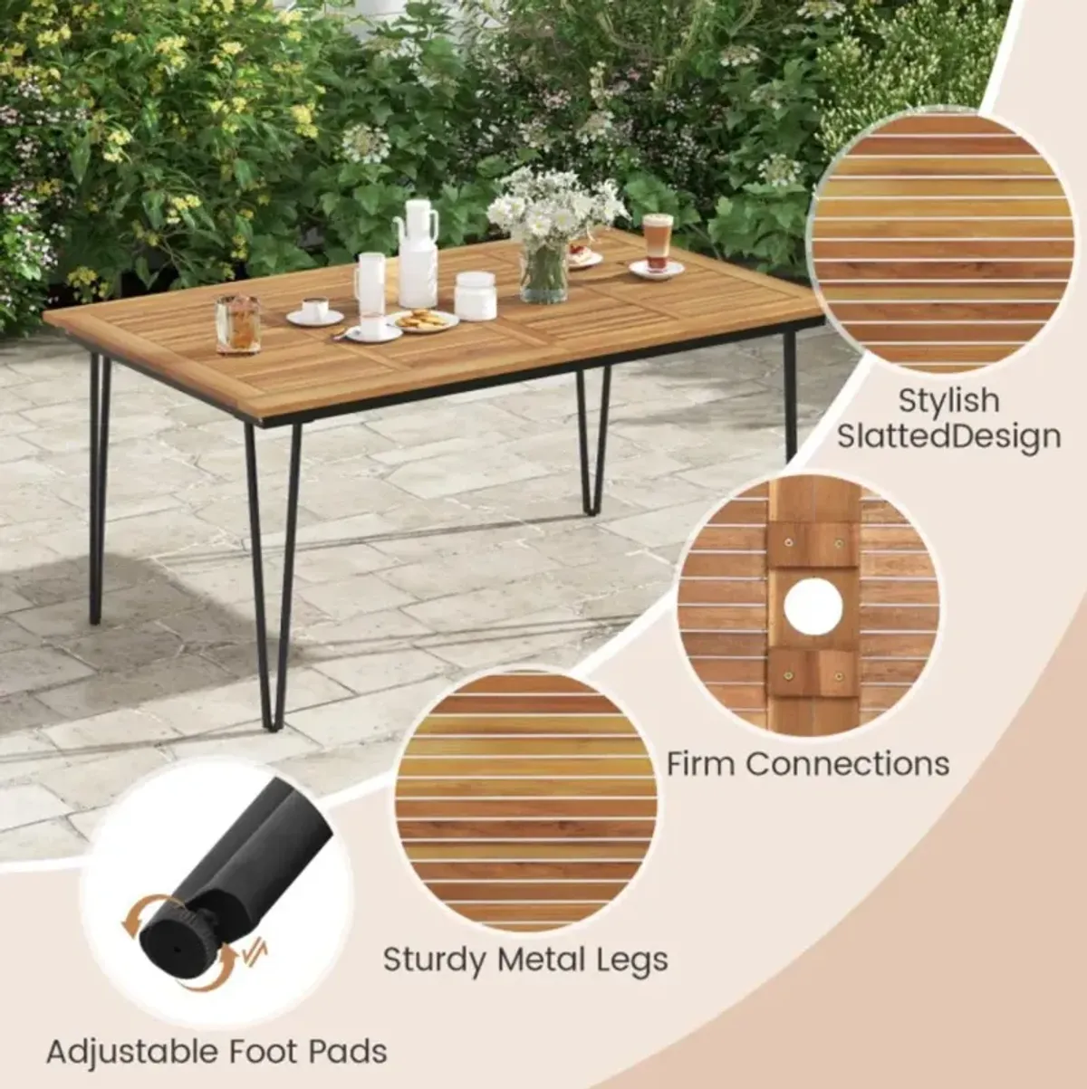 Hivvago 63/86.5 Inch Rectangular Outdoor Dining Table with Acacia Wood Tabletop and Umbrella Hole