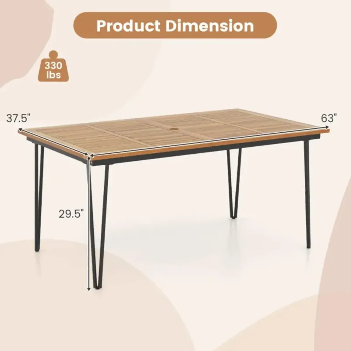 Hivvago 63/86.5 Inch Rectangular Outdoor Dining Table with Acacia Wood Tabletop and Umbrella Hole