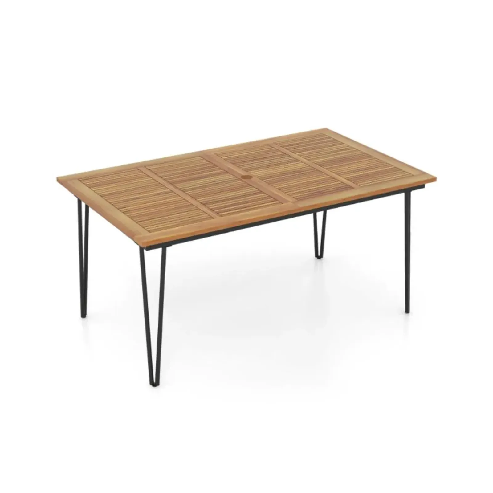 Hivvago 63/86.5 Inch Rectangular Outdoor Dining Table with Acacia Wood Tabletop and Umbrella Hole