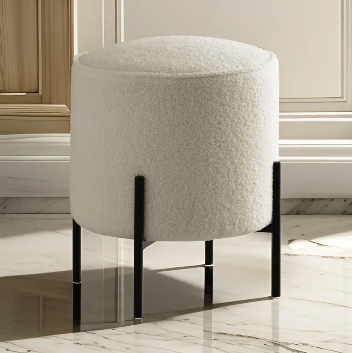 18 Inch Modern Foam Ottoman, Beige Faux Sheep Skin, Matte Black Metal Legs-Benzara