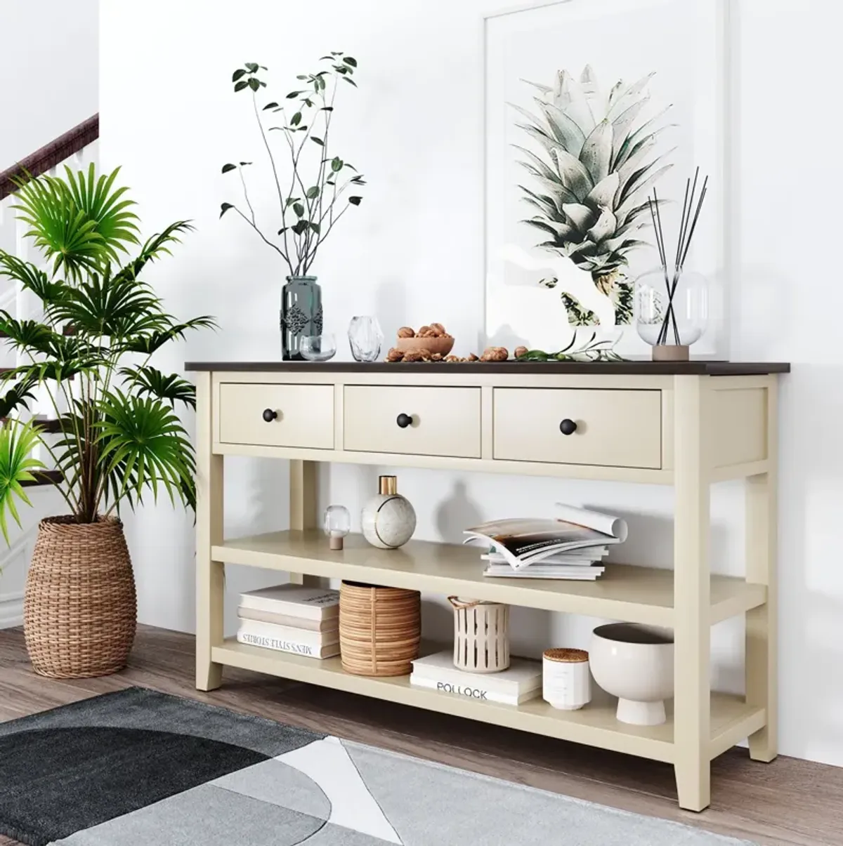 Retro Design Console Table With Two Open Shelves, Pine Solid Wood Frame And Legs