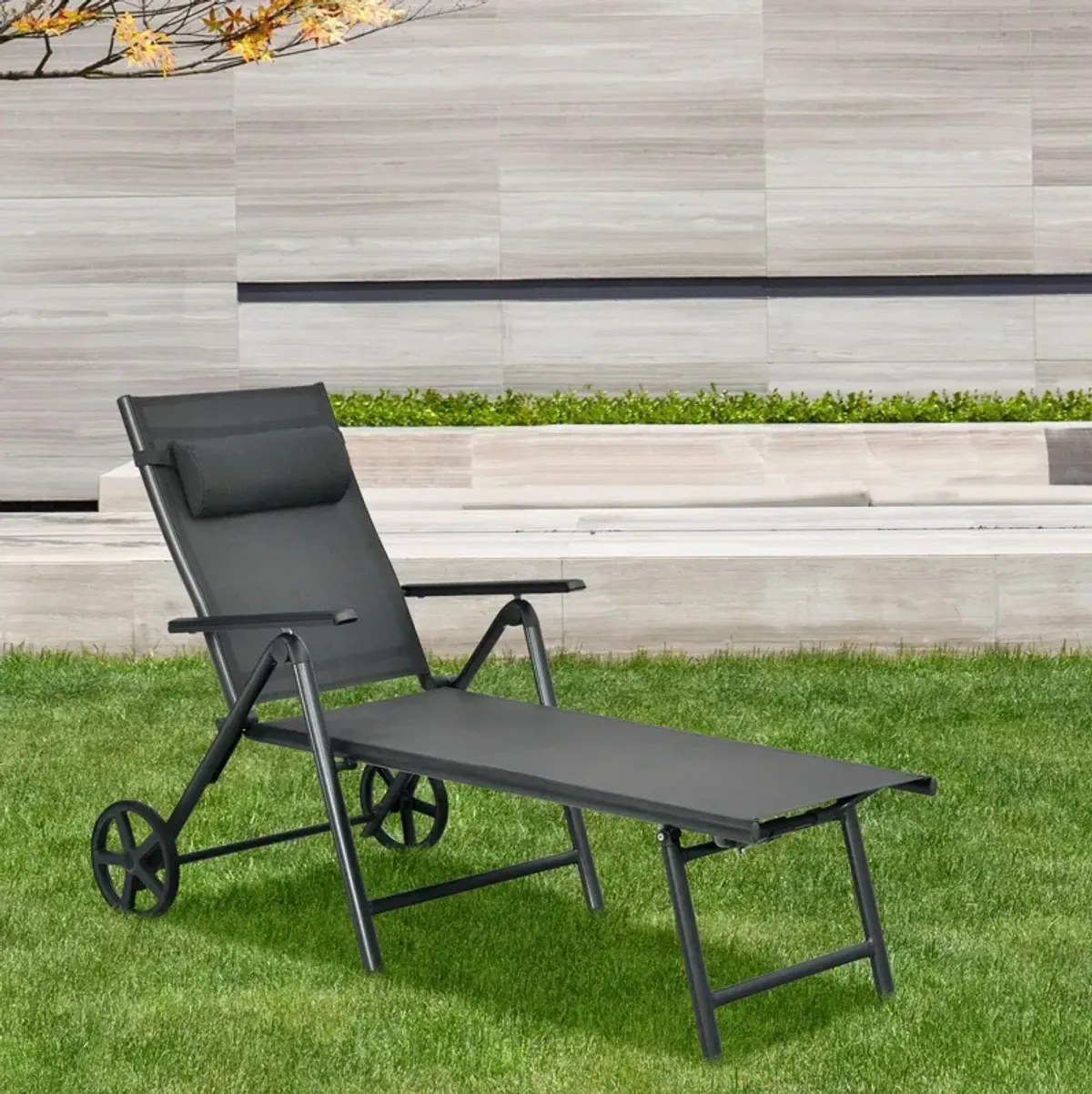 Patio Lounge Chair with Wheels Neck Pillow Aluminum Frame Adjustable-Gray