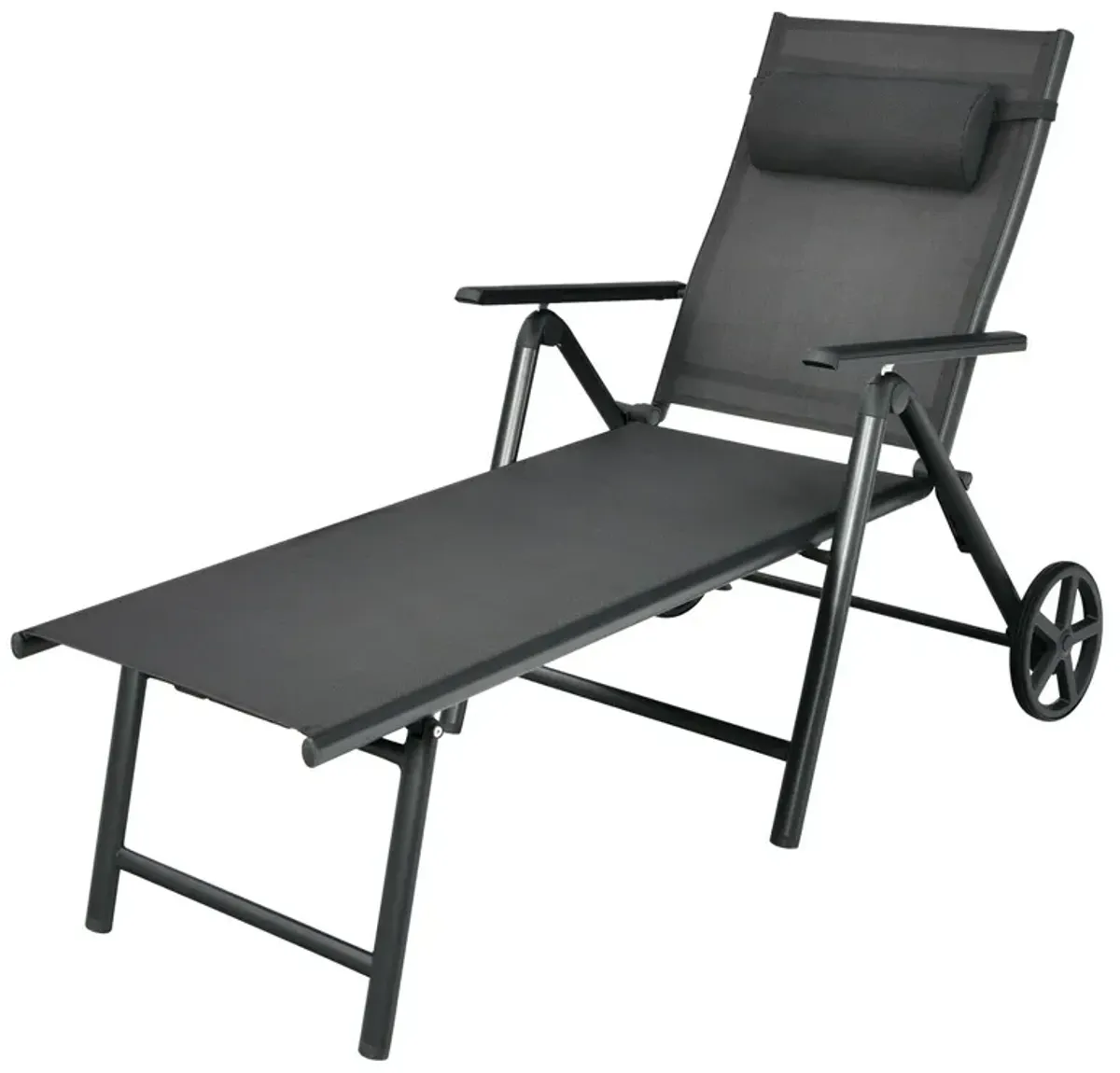 Patio Lounge Chair with Wheels Neck Pillow Aluminum Frame Adjustable-Gray