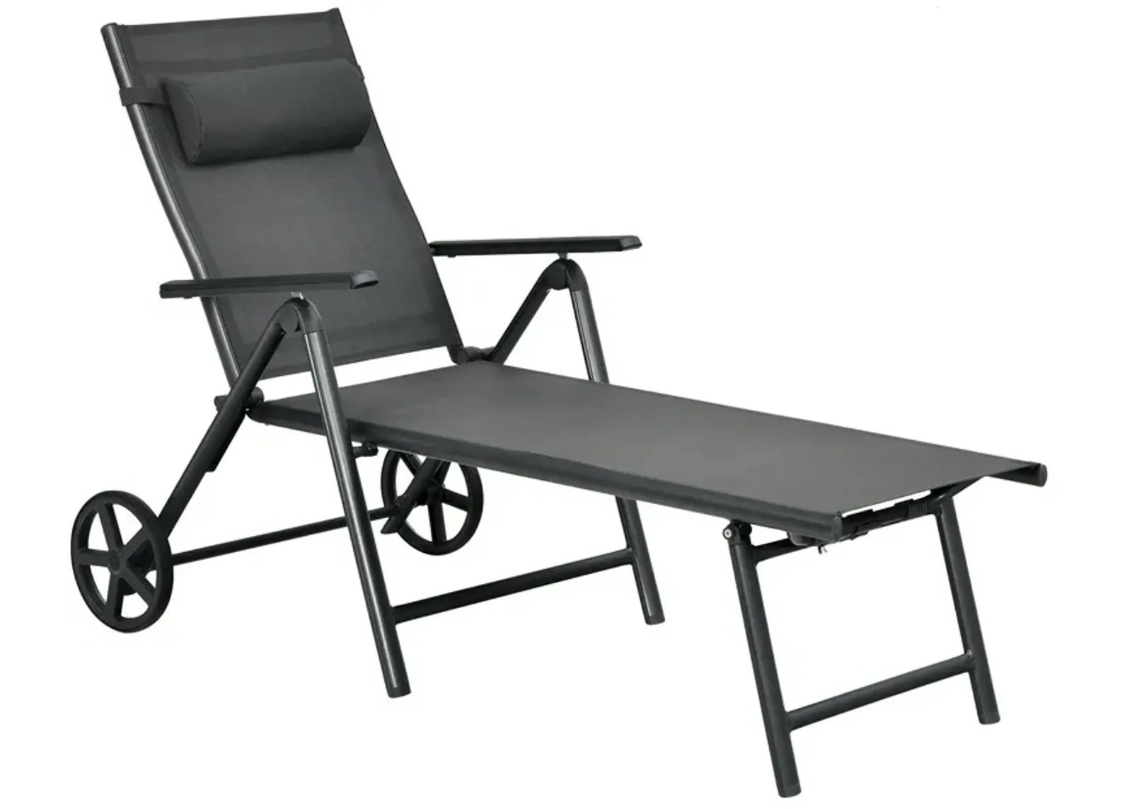 Patio Lounge Chair with Wheels Neck Pillow Aluminum Frame Adjustable-Gray