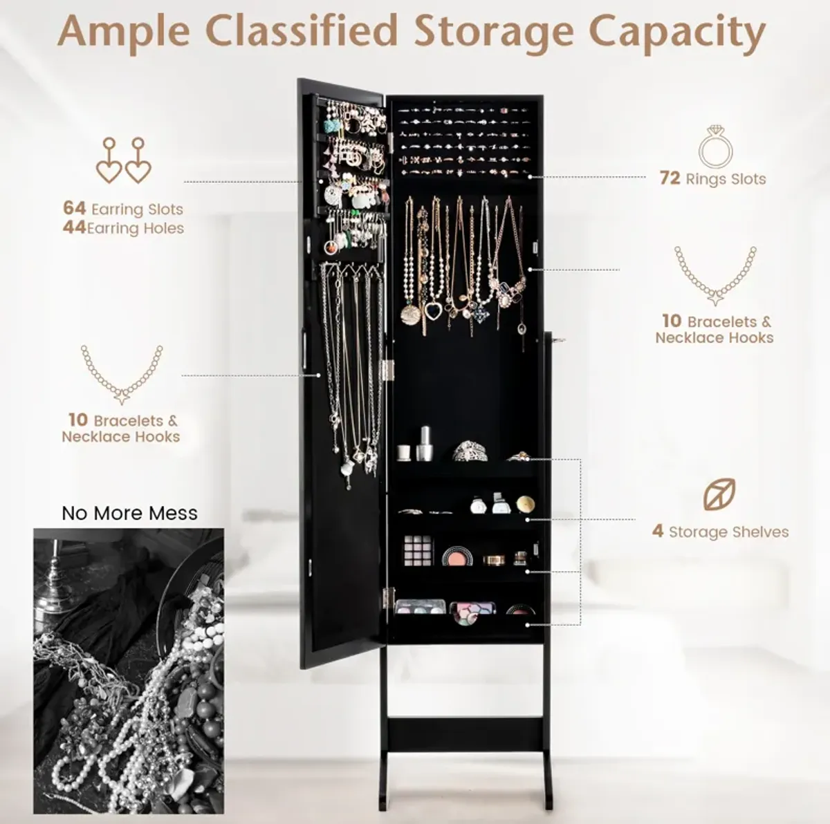 Mirrored Standing Jewelry Cabinet Storage Box