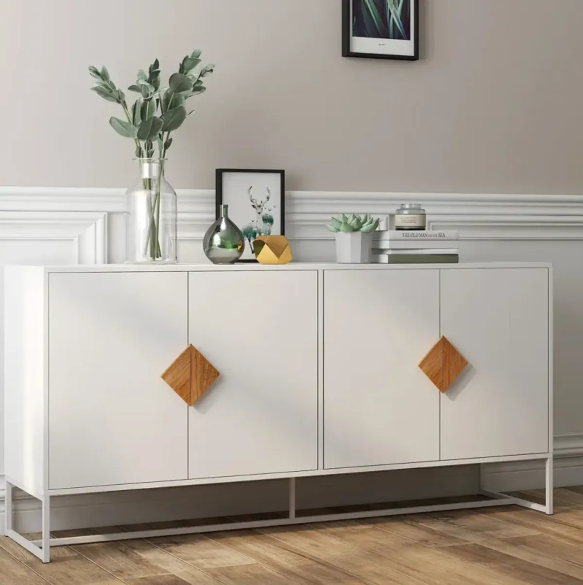 Solid Wood Special Shaped Square Handle Design With 4 Doors And Double Storage Sideboard