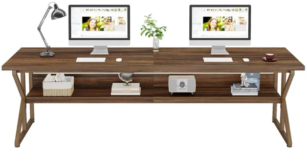 Tribesigns 79-Inch Extra Long Desk, 2 Person Desk with Storage Shelf, Large Computer Desk Double Desk Writing Table Desk for Home Office, Brown