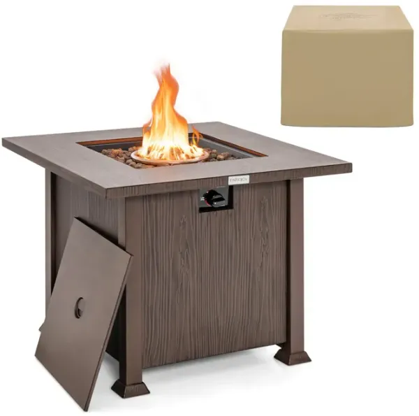 32 Inch 50 000 BTU Square Fire Pit Table with Lid and Lava Rocks-Brown