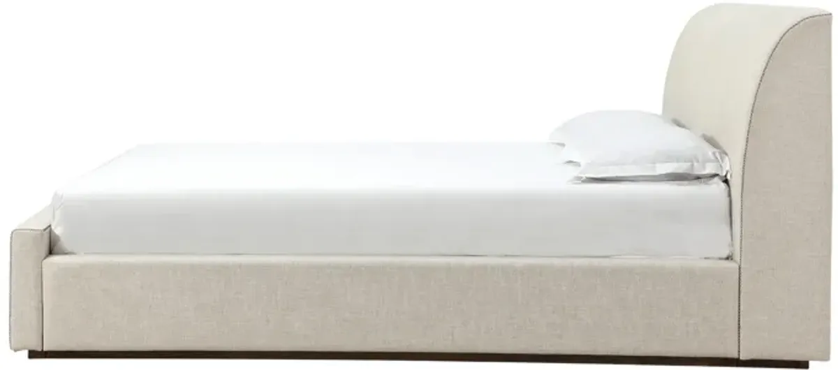 Reza King Size Platform Bed, Sleigh Headboard, Low Profile, Beige Linen - Benzara