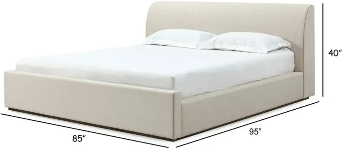 Reza King Size Platform Bed, Sleigh Headboard, Low Profile, Beige Linen - Benzara