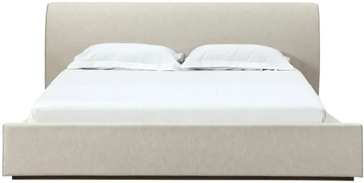 Reza King Size Platform Bed, Sleigh Headboard, Low Profile, Beige Linen - Benzara