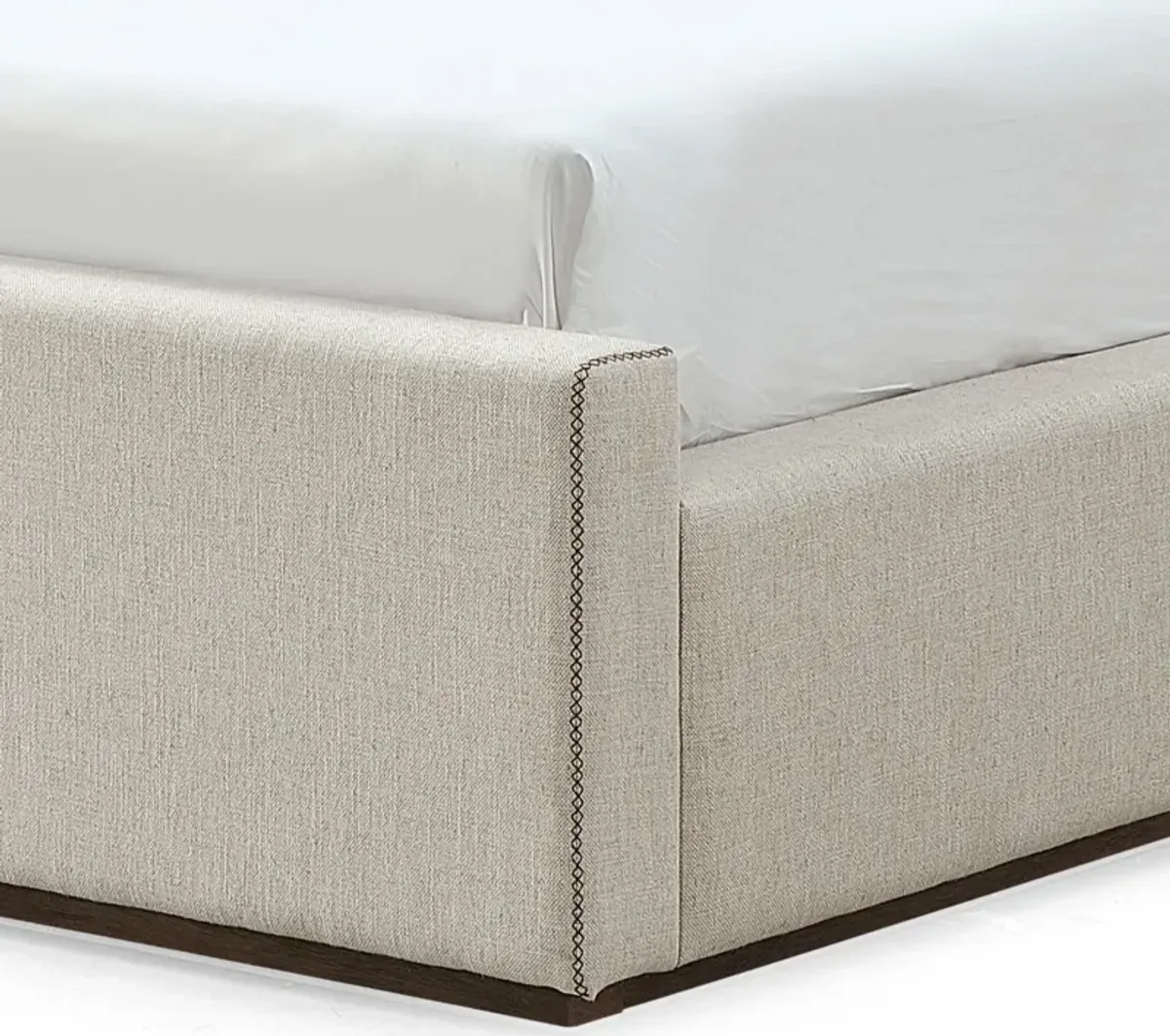 Reza King Size Platform Bed, Sleigh Headboard, Low Profile, Beige Linen - Benzara