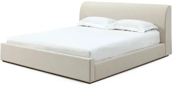 Reza King Size Platform Bed, Sleigh Headboard, Low Profile, Beige Linen - Benzara