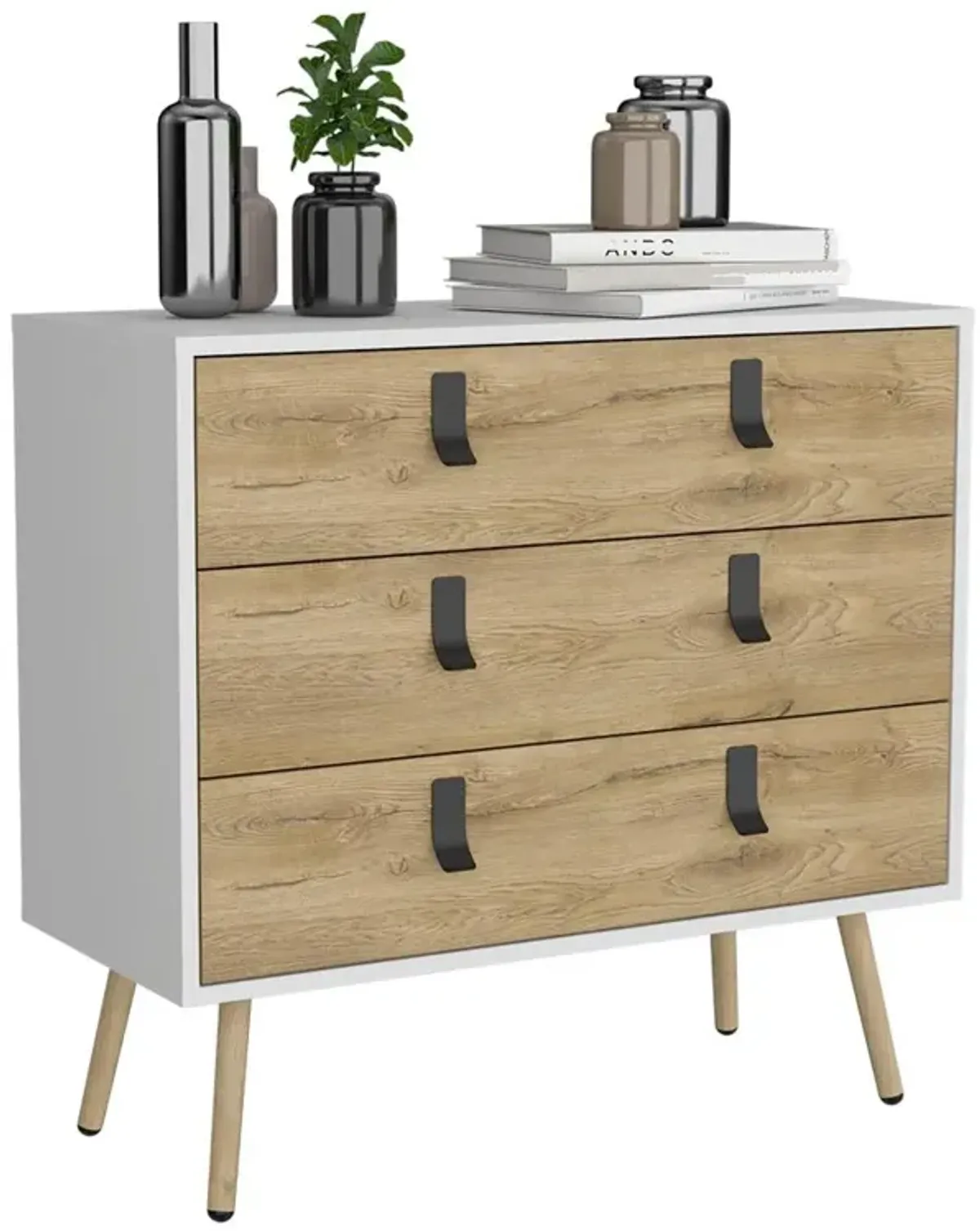 Toka 3 Drawers Dresser with Handles and Wooden Legs, White / Macadamia -Bedroom