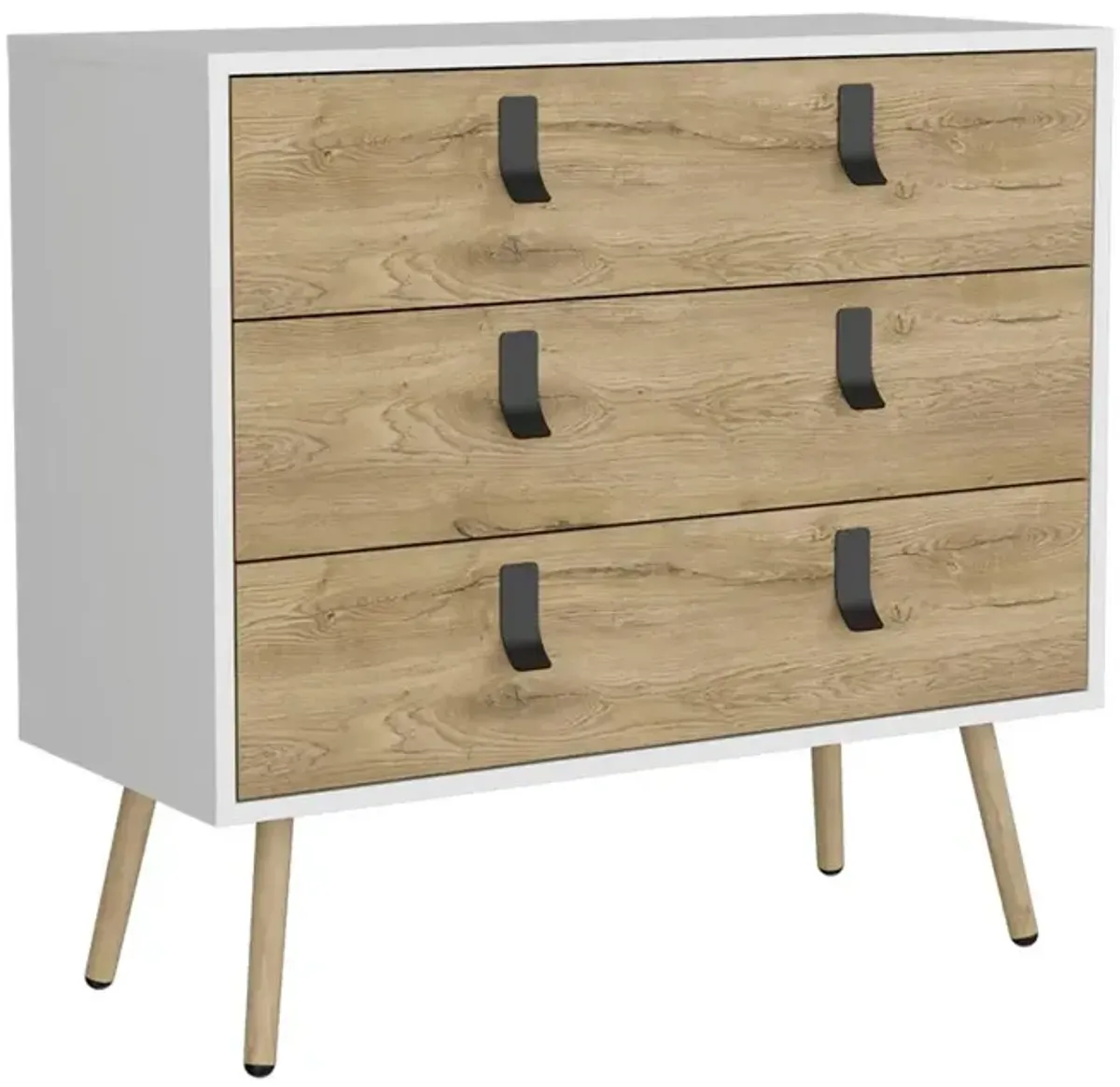 Toka 3 Drawers Dresser with Handles and Wooden Legs, White / Macadamia -Bedroom