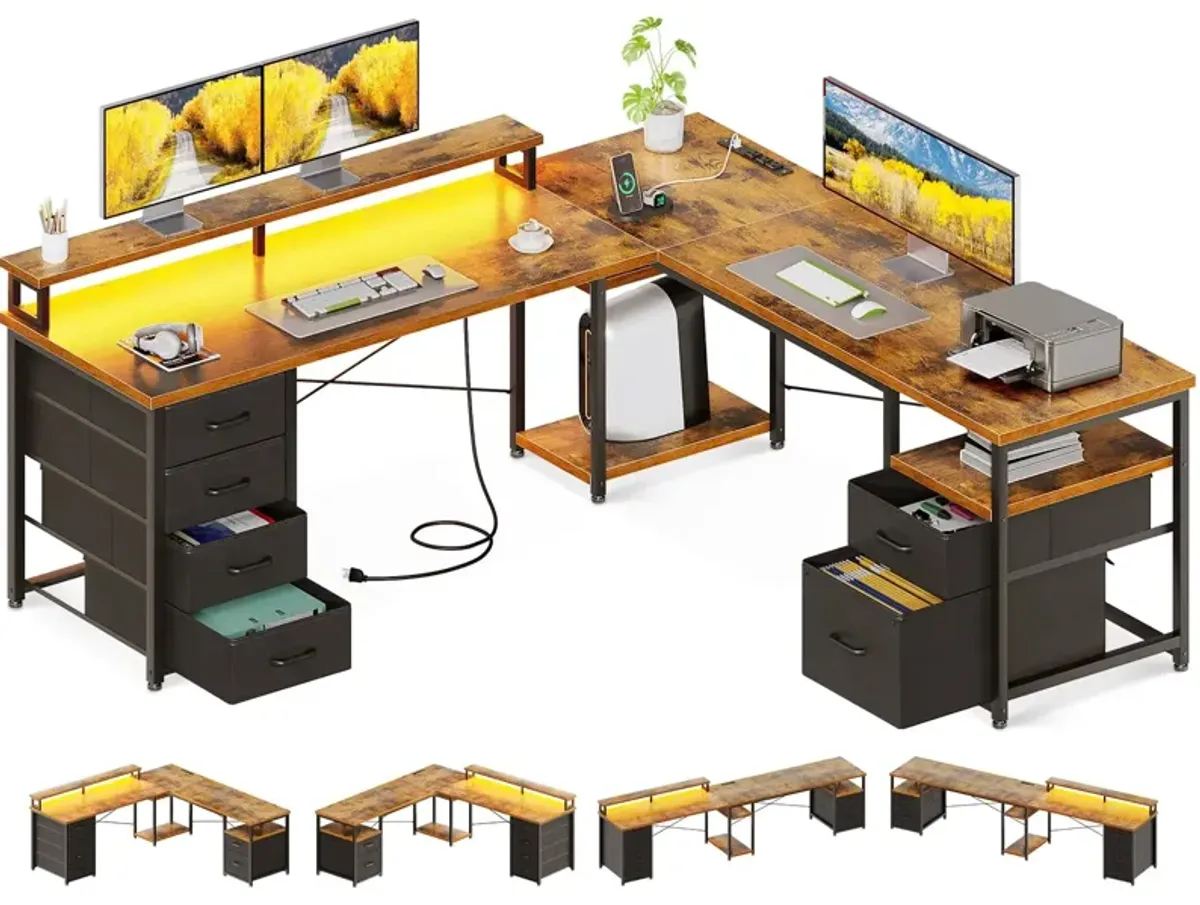 AODK 59 L Shaped Computer Desk, 105 Reversible Home Office Desk with File Cabinet & 4 Fabric Drawers, Two Person Desk with L