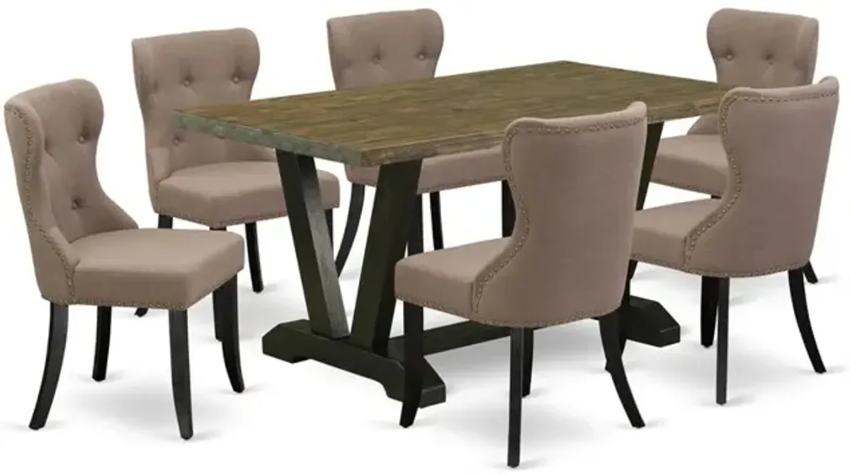 East West Furniture V676SI648-7 7-Piece Dining Set- 6 Upholstered Dining Chairs with Coffee Linen Fabric Seat and Button Tufted Chair Back - Rectangular Table Top & Wooden Legs - Distressed Jacobean a