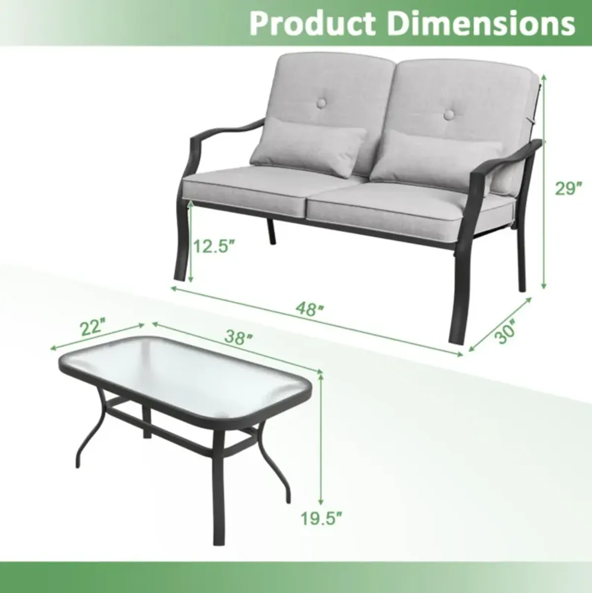 Hivvago Outdoor Loveseat Chair Set with Tempered Glass Coffee Table