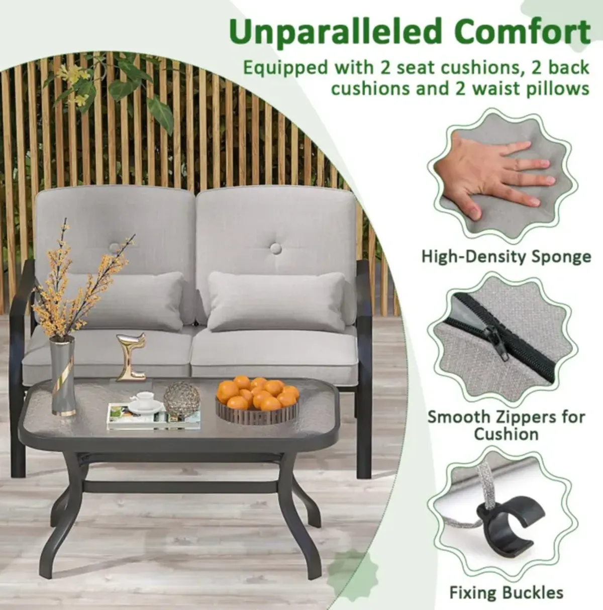 Hivvago Outdoor Loveseat Chair Set with Tempered Glass Coffee Table