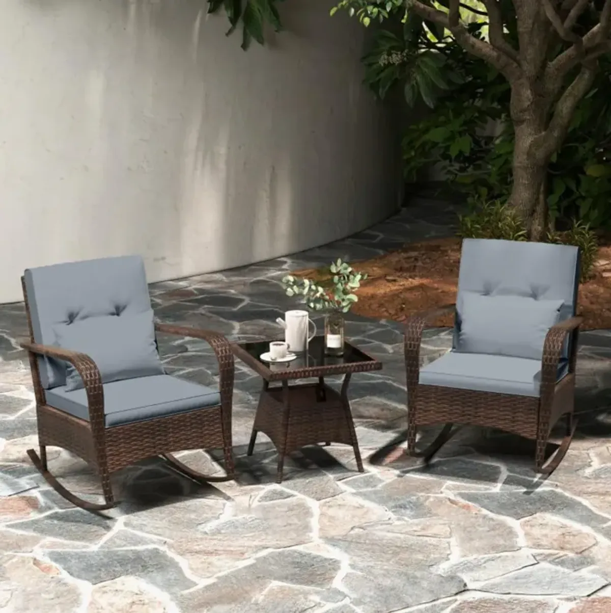 Hivvago 3 Pieces Outdoor Rocking Set with Tempered Glass Coffee Table for Backyard Poolside