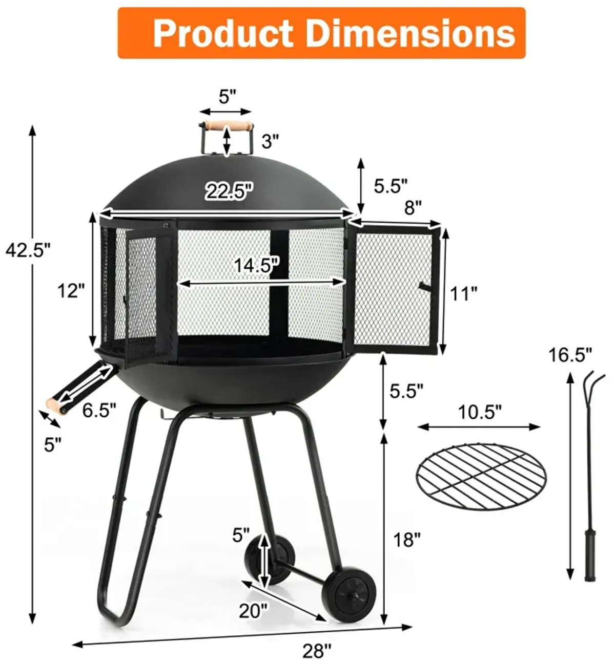 28 Inch Portable Fire Pit on Wheels with Log Grate-Black